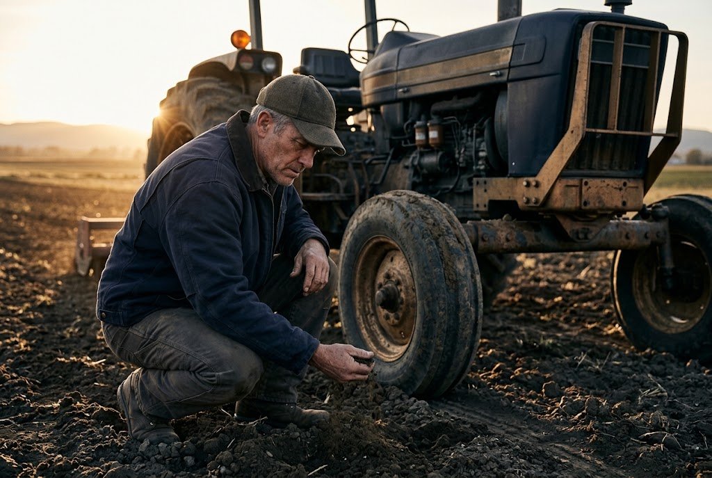 A U.S. military veteran working as a farmer checking soil in a field beside a tractor at first light
