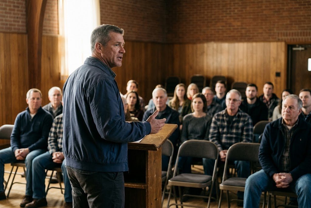 A U.S. military veteran working as a chapter leader addressing members seated in a modest meeting hall