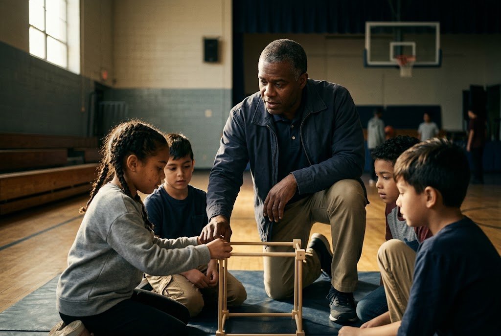 A U.S. military veteran working as a youth program coach guiding kids through an activity in a rec center gym