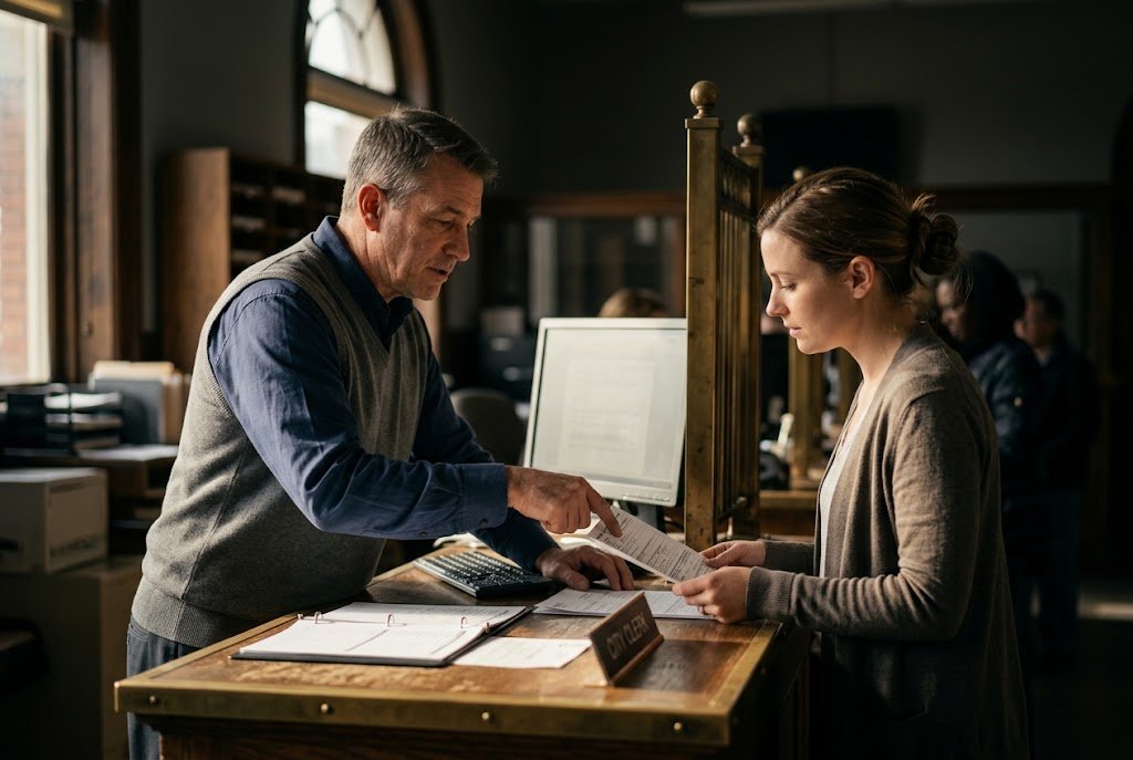 A U.S. military veteran working as a city clerk helping a resident at the counter of a municipal office