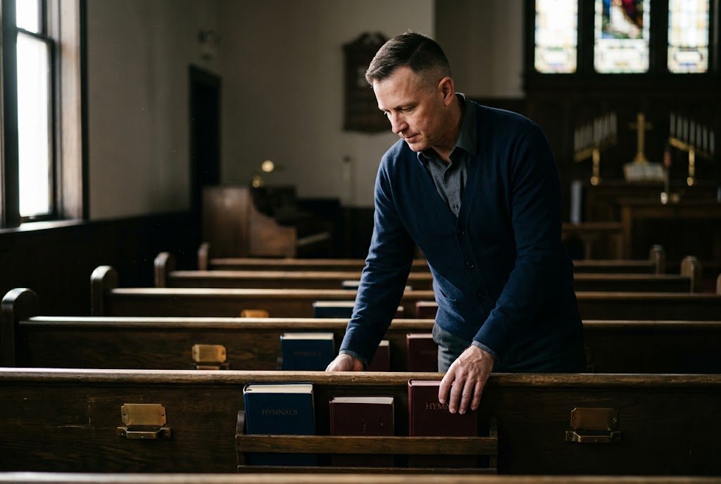 A U.S. military veteran working as a pastor setting out hymnals in an empty small town church sanctuary