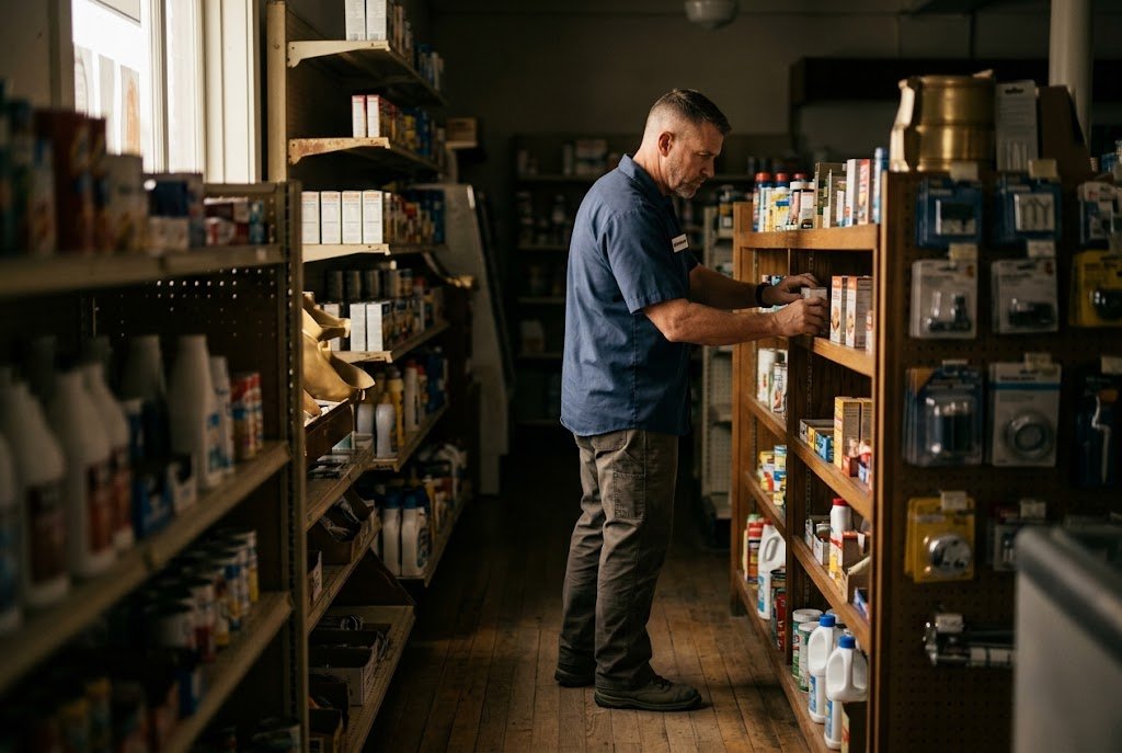 A U.S. military veteran working as a store manager facing shelves in the aisle of a small general store