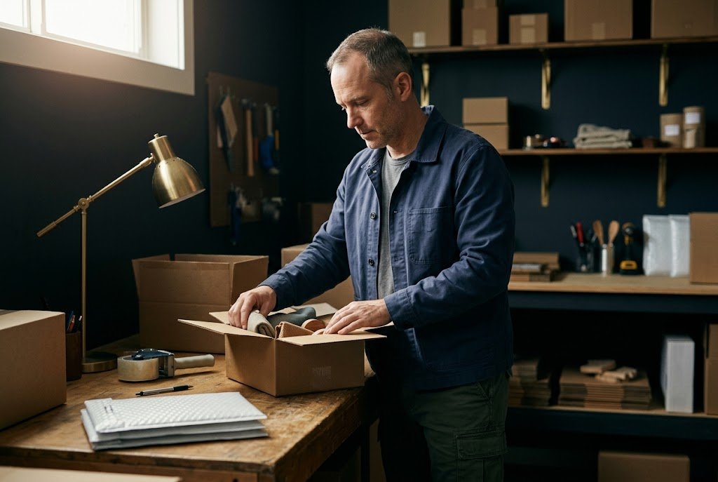 A U.S. military veteran working as a small business owner packing shipping boxes at a fulfillment table