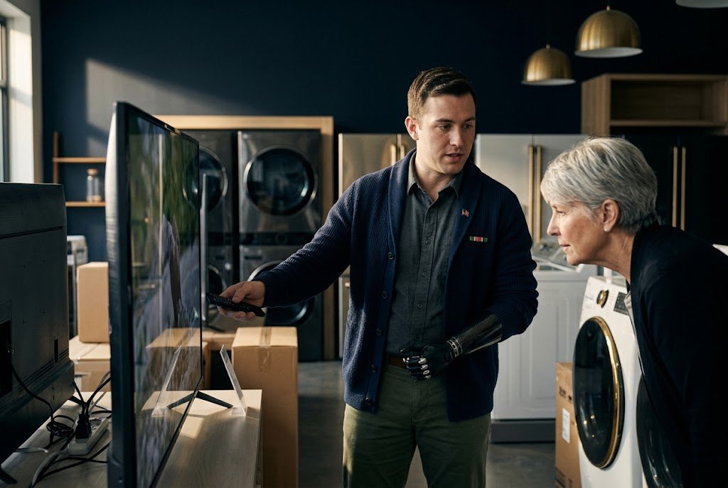 A U.S. military veteran working as a salesperson demonstrating a television to a customer in an appliance showroom