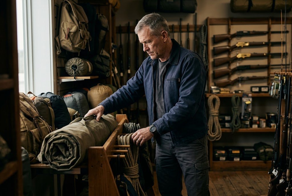 A U.S. military veteran working as a shop owner organizing hunting and camping gear on racks in an outdoor store