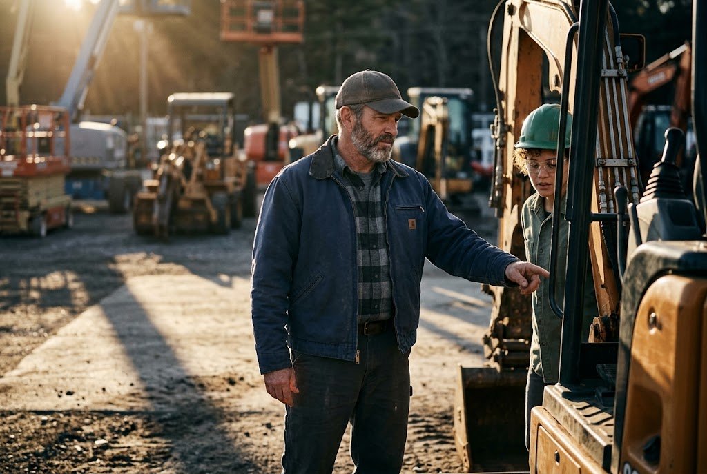 A U.S. military veteran working as a rental yard manager walking a customer through a compact excavator