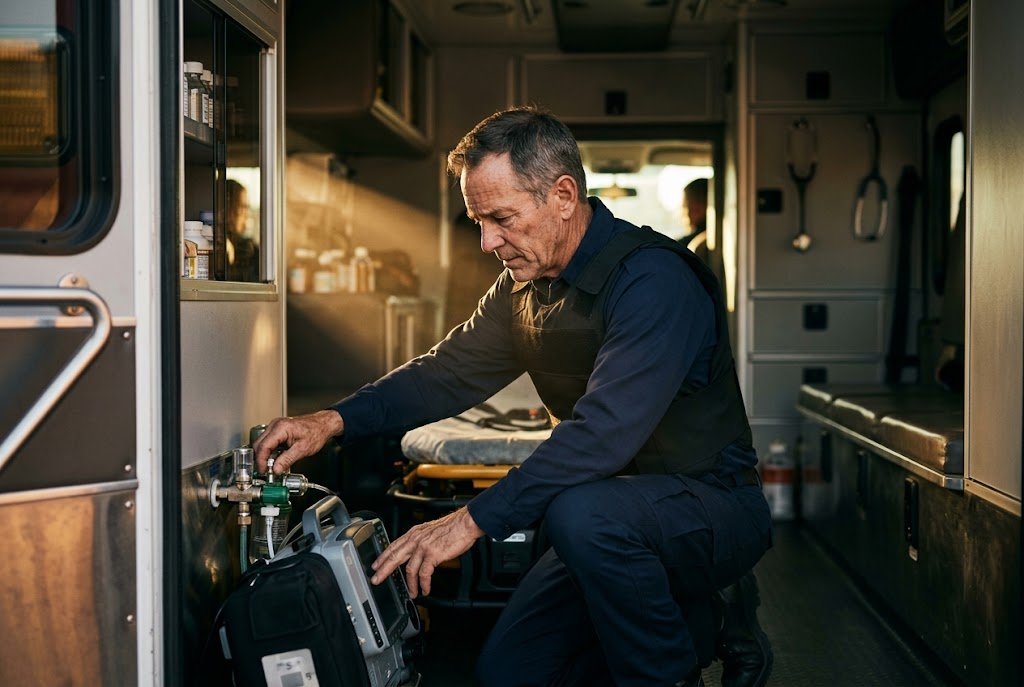 A U.S. military veteran working as a paramedic checking equipment in the back of an ambulance