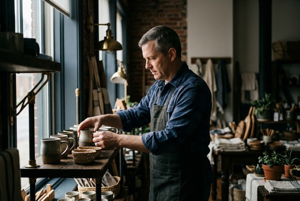 A U.S. military veteran working as a shop owner arranging handmade goods on a shelf in a small gift store