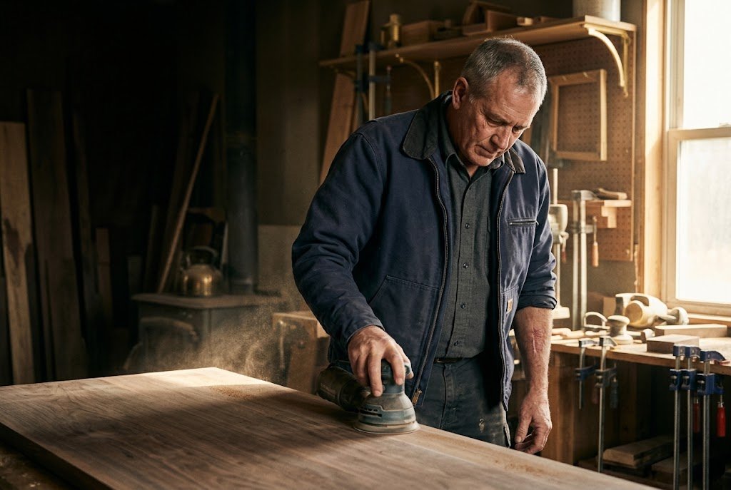 A U.S. military veteran working as a furniture maker sanding a solid wood table top in a woodshop