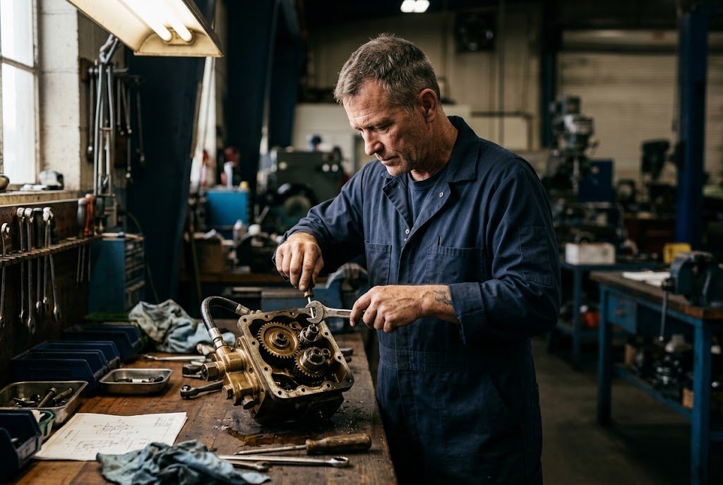 A U.S. military veteran working as an industrial mechanic rebuilding a pump on a shop bench