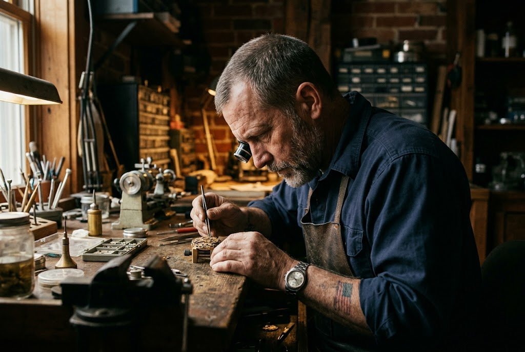 A U.S. military veteran working as a watchmaker working with a loupe and tweezers at a jeweler's bench
