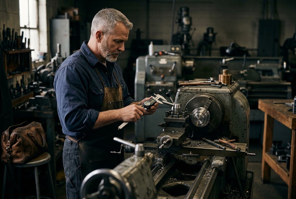 A U.S. military veteran working as a machinist measuring a turned part with calipers beside a lathe