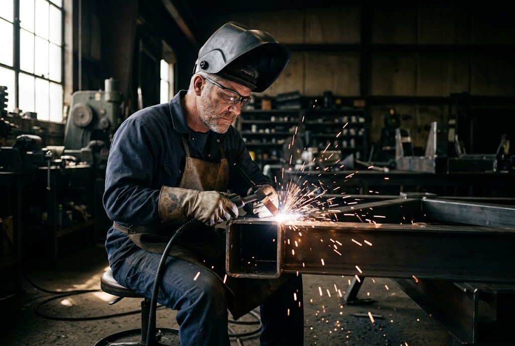 A U.S. military veteran working as a fabricator welding a steel assembly with sparks in a manufacturing bay