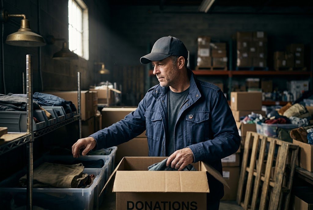 A U.S. military veteran working as a nonprofit volunteer sorting donated goods in a community warehouse