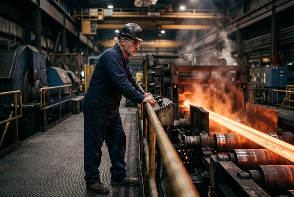 A U.S. military veteran working as a mill worker monitoring a hot rolling line in a steel plant