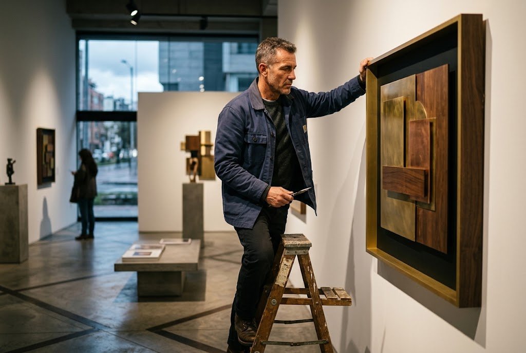 A U.S. military veteran working as a gallery curator hanging a framed piece on a white exhibition wall