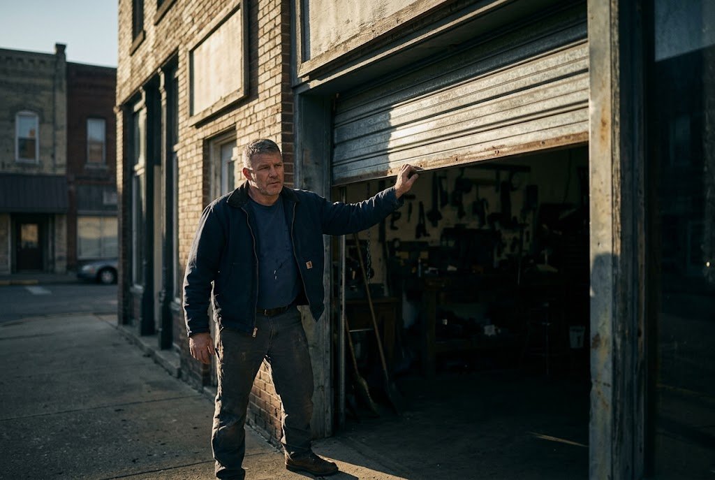 A U.S. military veteran working as a small business owner opening the roll up door of a modest main street storefront
