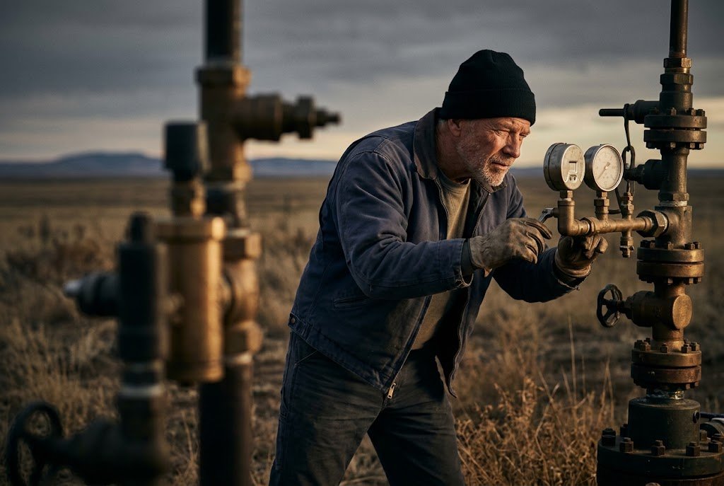 A U.S. military veteran working as a field technician reading gauges at a wellhead on an open plain