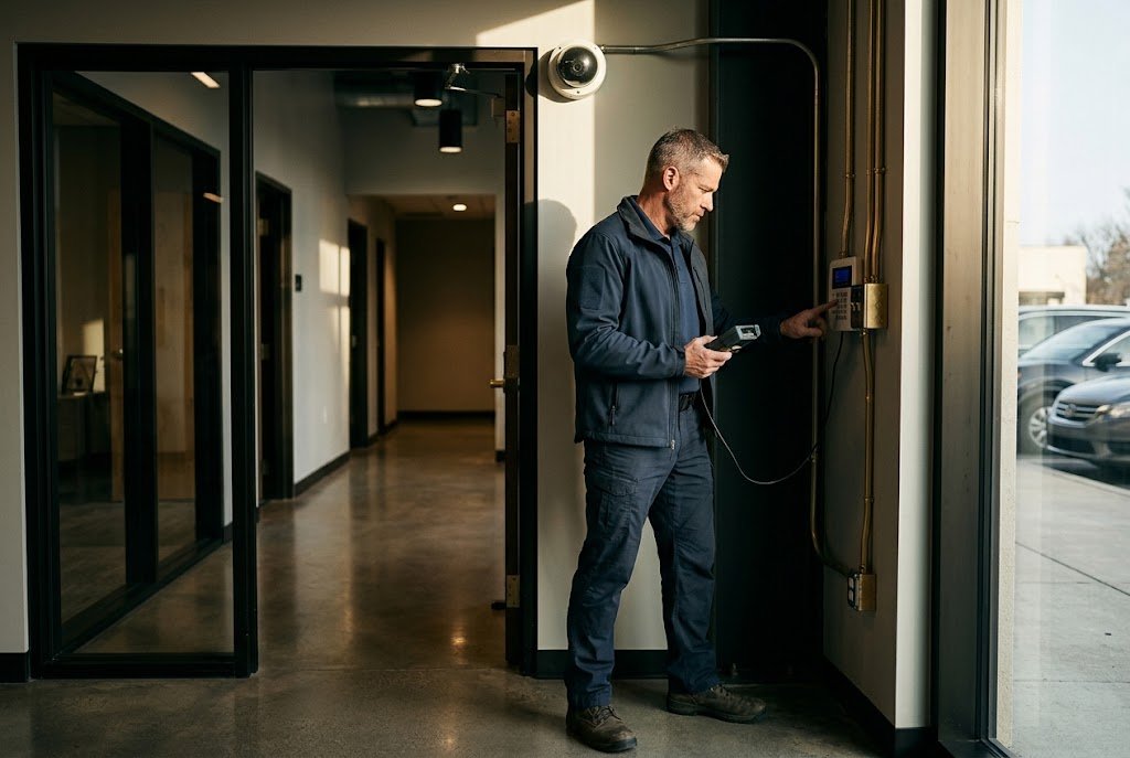 A U.S. military veteran working as a security consultant testing a camera and alarm panel at a business entrance