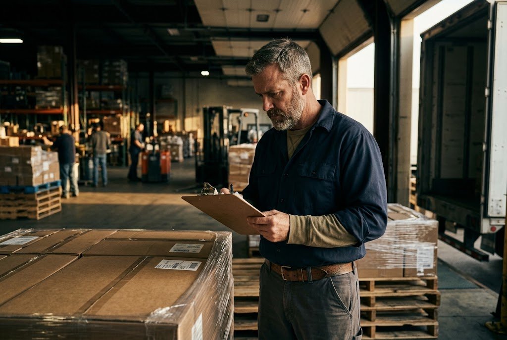 A U.S. military veteran working as a distributor checking pallets against a manifest on a loading dock