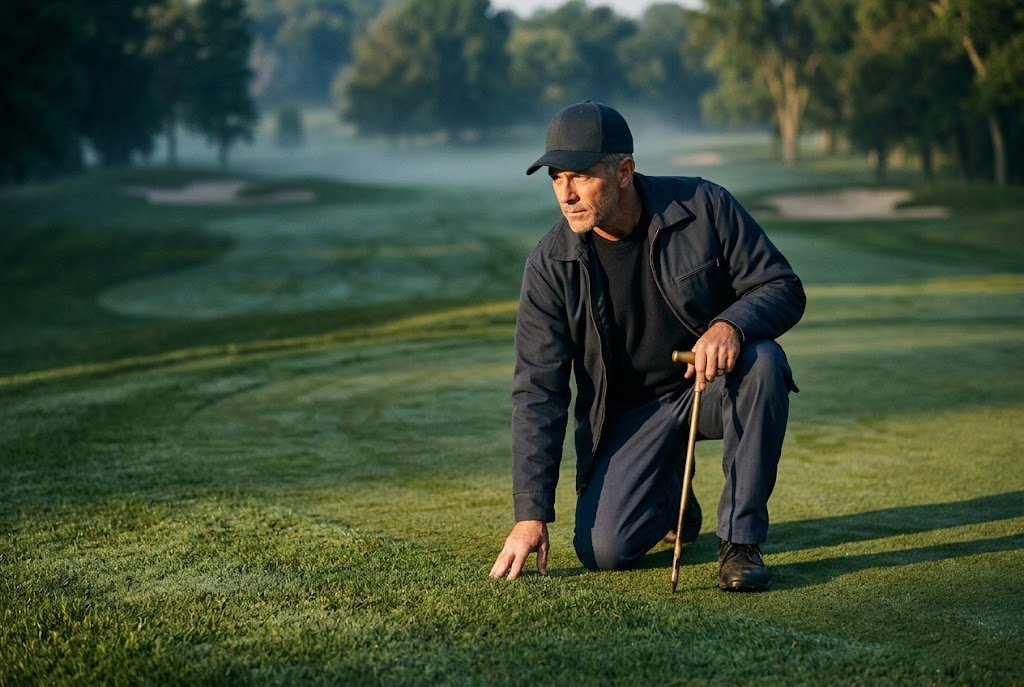 A U.S. military veteran working as a golf course superintendent inspecting a green in early morning light