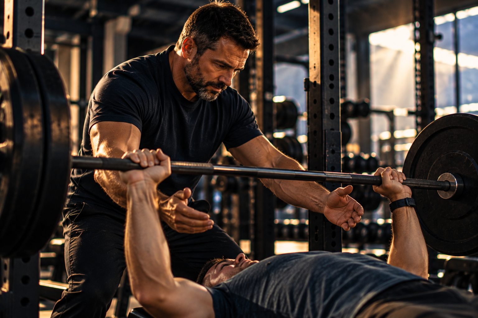 A U.S. military veteran working as a strength coach spotting a client on a barbell lift in a gym