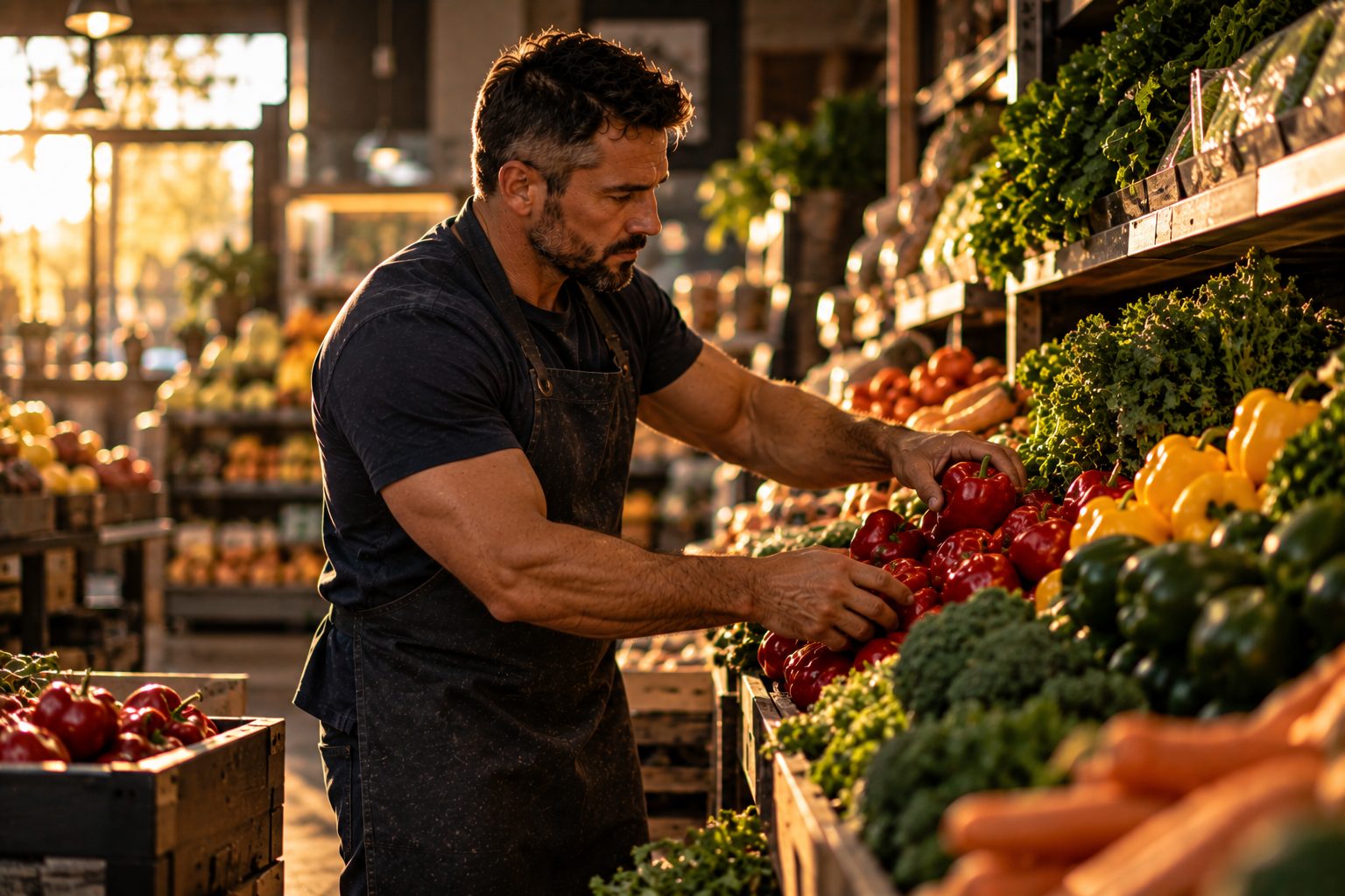 A U.S. military veteran working as a grocer stacking produce on a display in a neighborhood market