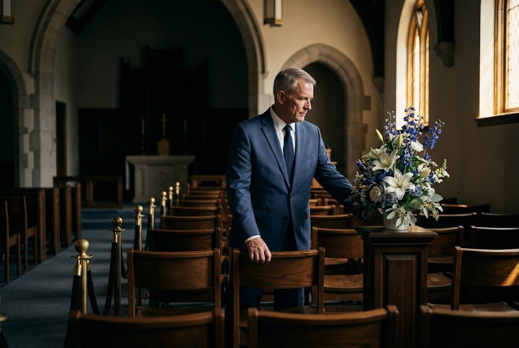 A U.S. military veteran working as a funeral director arranging chairs and flowers in a quiet memorial chapel