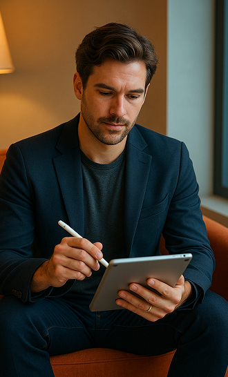 Hombre sentado en un sillón usando una tableta con un lápiz digital.