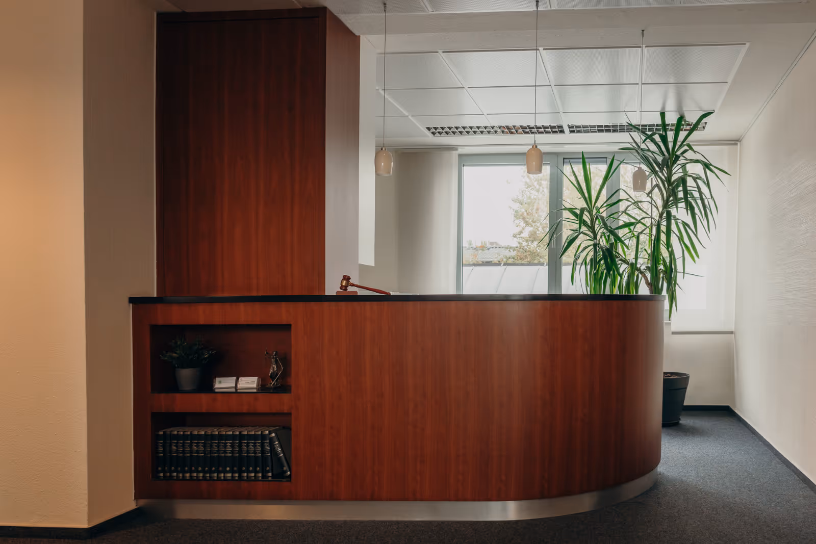 Empfangstheke aus dunklem Holz mit einem Richterhammer und Büchern, daneben große grüne Pflanzen vor einem Fenster.