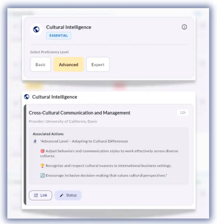 STRASYS® platform interface showing Cultural Intelligence assessment and proficiency level selection (Basic, Advanced, Expert).