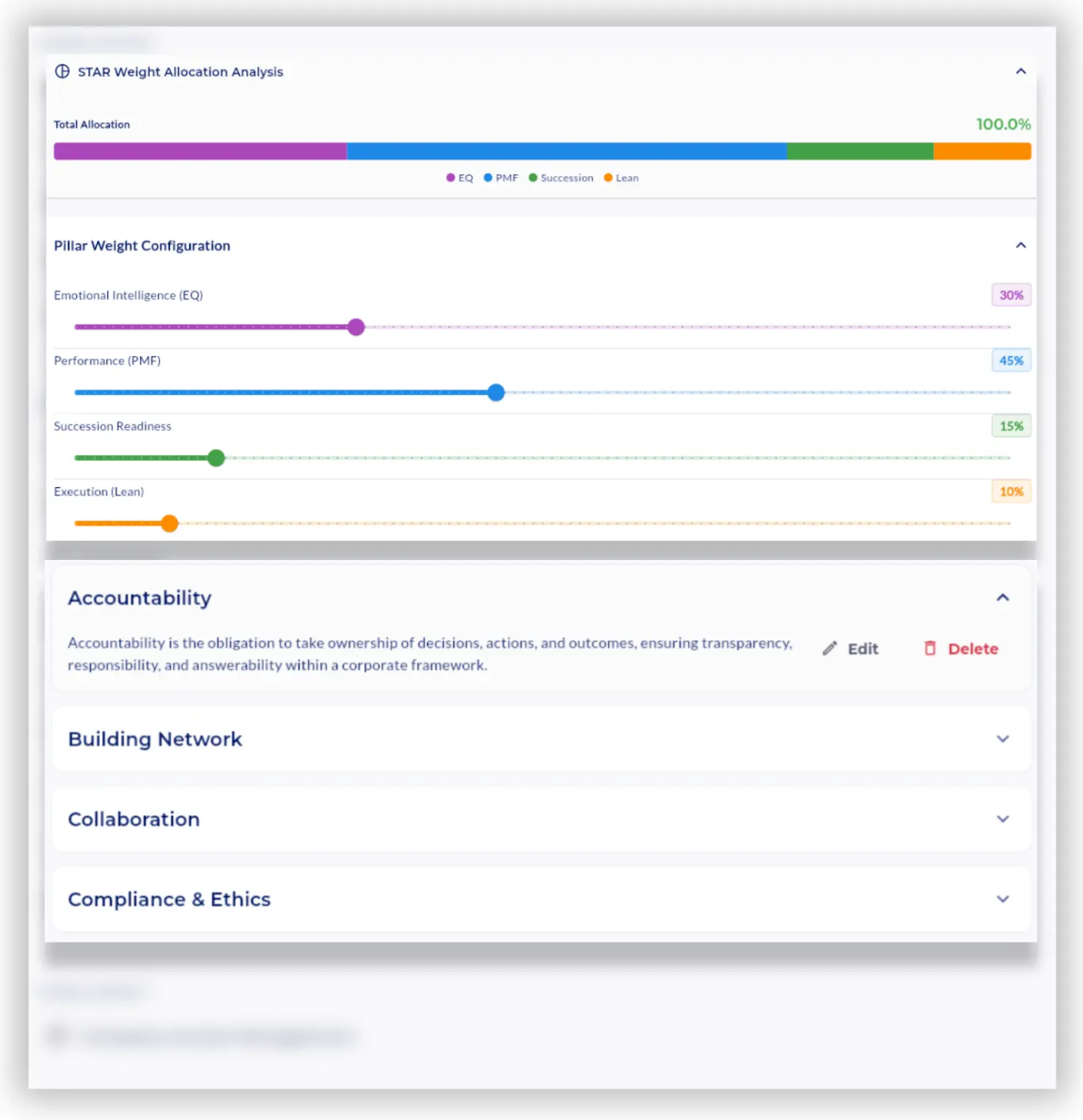 STRASYS Settings interface allowing executives to engineer success logic by defining tier-based KPI architectures and fully customizing the STAR talent algorithm weights.