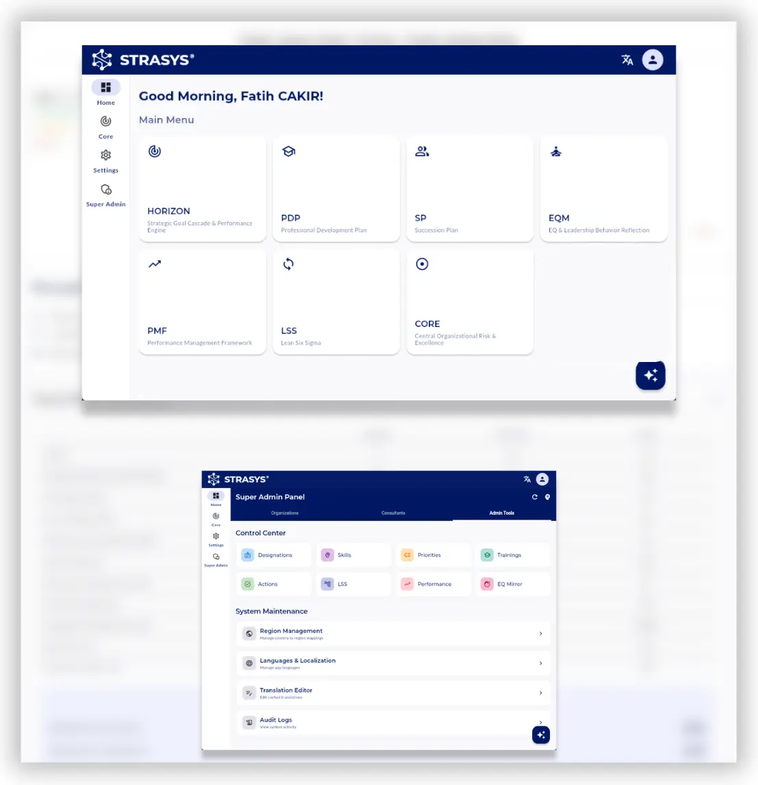STRASYS central nervous system interface featuring a dynamic control room where organizational DNA, performance logic, and talent algorithms are mathematically codified for zero-IT dependency.
