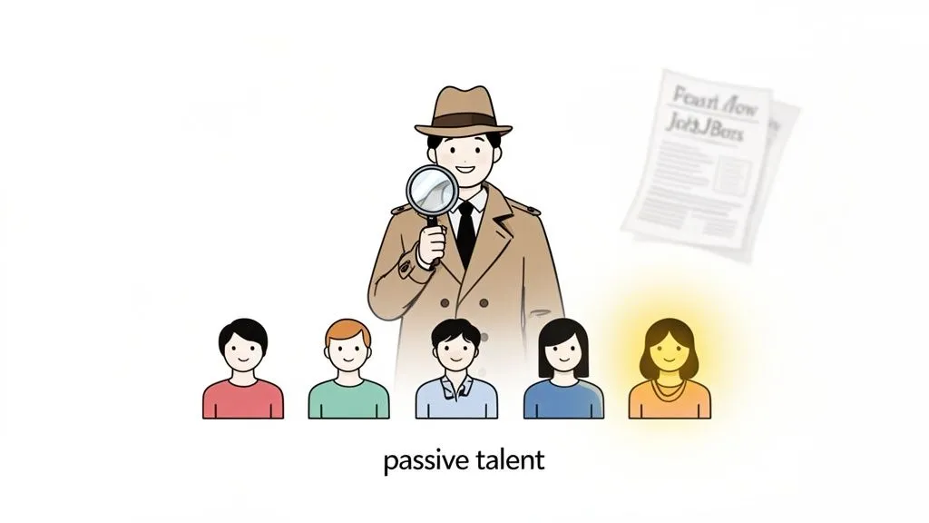 A recruiter detective searches a line of diverse passive talent, with one candidate highlighted, near job ads.