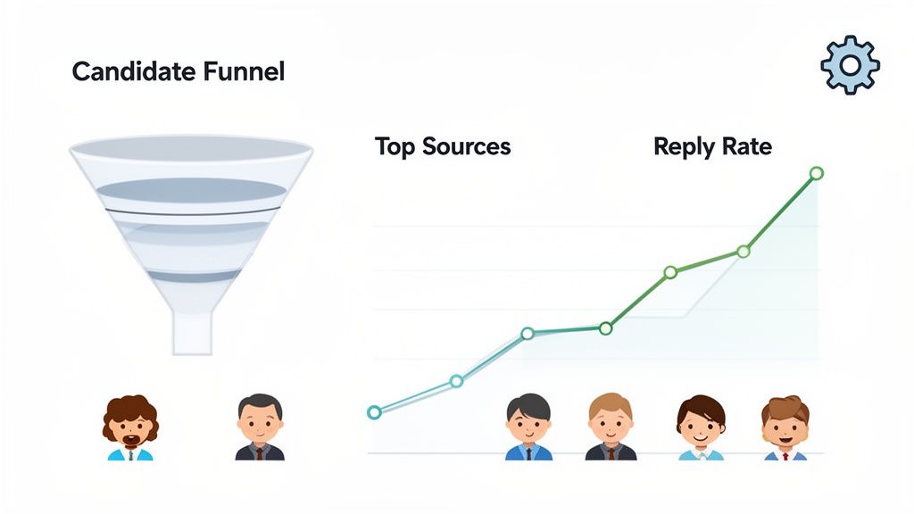 A recruiting dashboard displaying candidate funnel, top sources, and reply rate metrics with graphs.