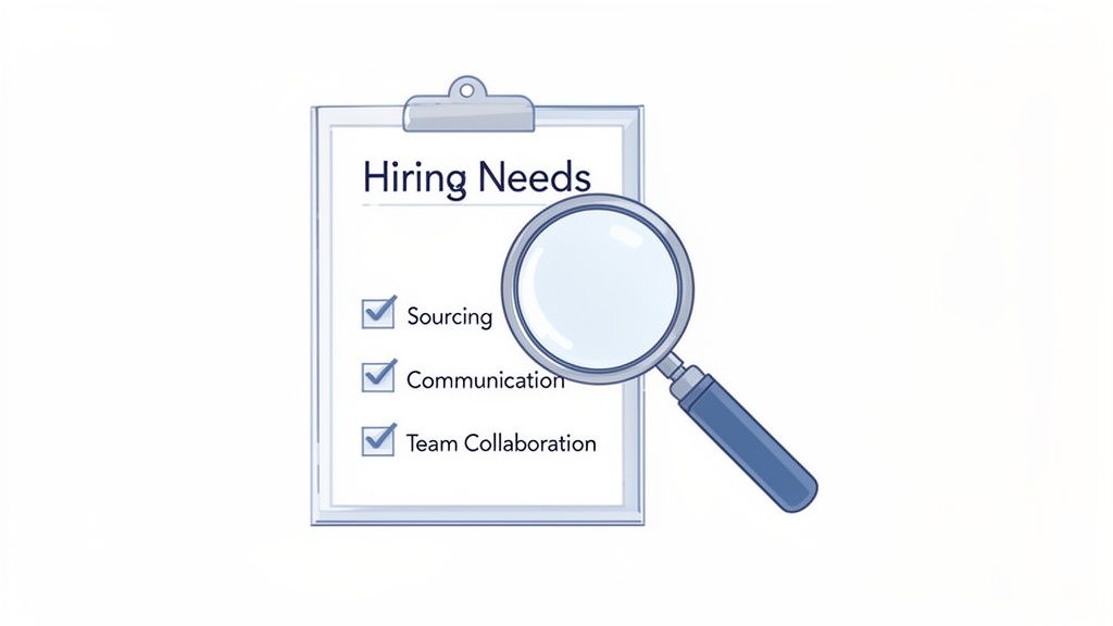 A clipboard document titled 'Hiring Needs' with checked items Sourcing, Communication, and Team Collaboration, examined by a magnifying glass.