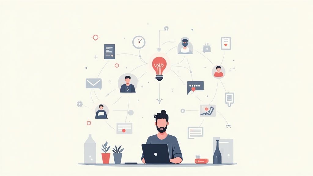 An illustration of a man on a laptop with a network of business and communication icons above his head.