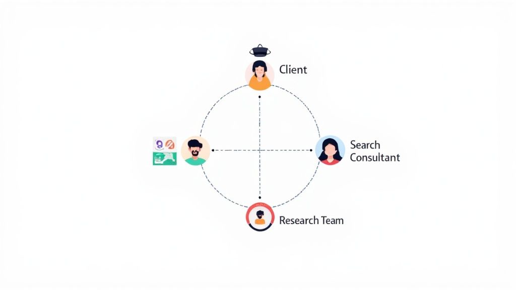 Diagram showing the collaborative executive search process between client, consultant, and research team.