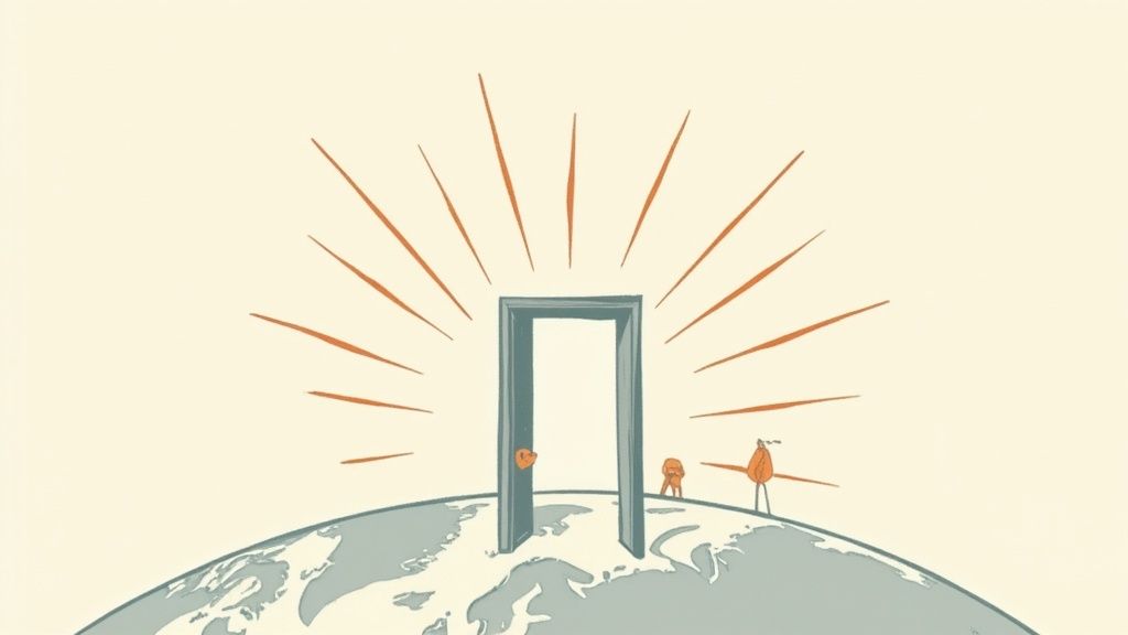 An open door on a globe with bright light, symbolizing global opportunity and new beginnings.