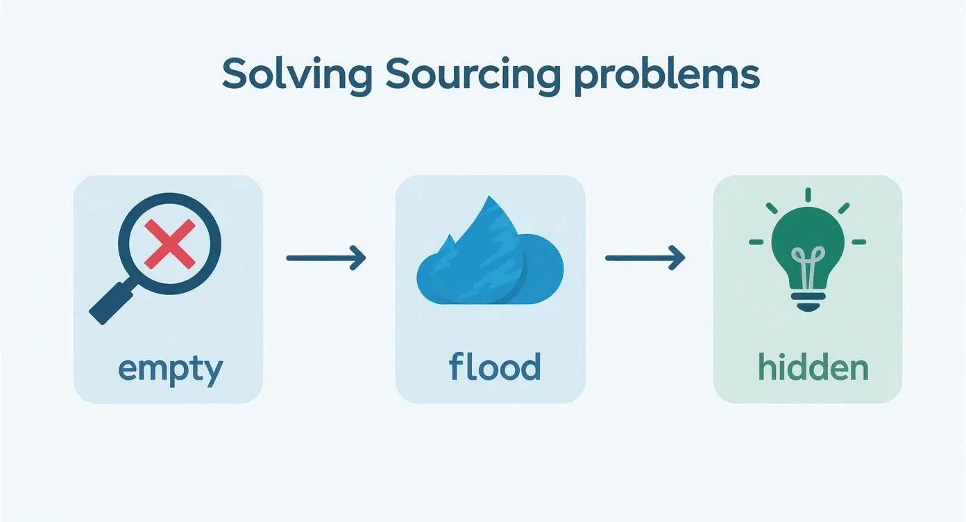 Flowchart showing solving sourcing problems: from empty or flood results to hidden solutions.