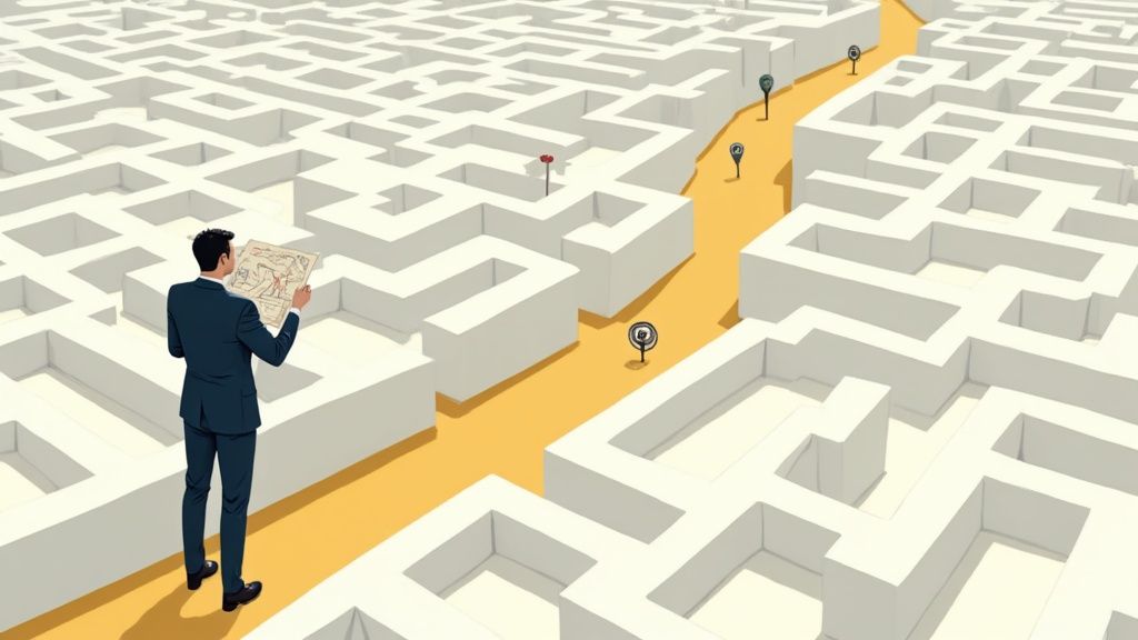 Businessman with map navigating yellow highlighted path through complex maze with location markers