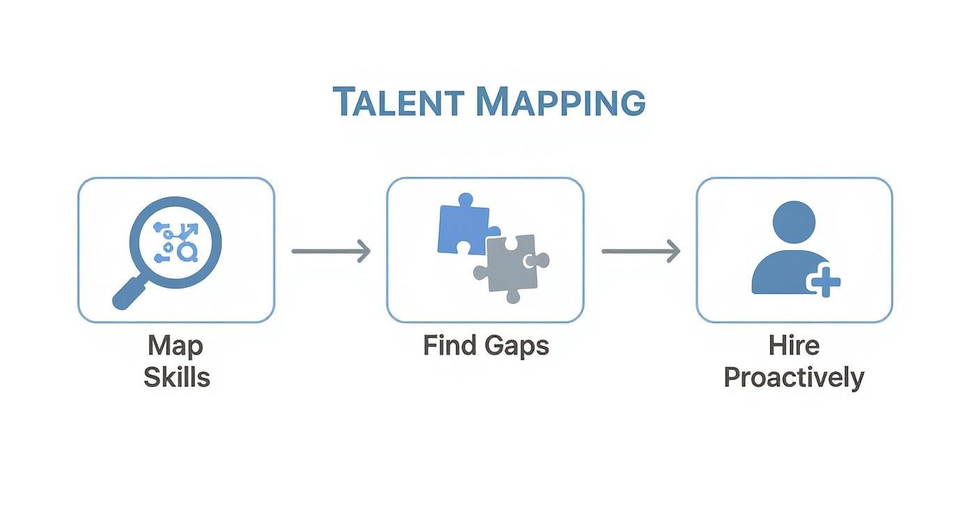 Infographic about what is talent mapping showing a process flow from mapping skills to finding gaps to hiring proactively.