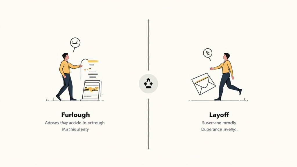 An illustration comparing Furlough and Layoff, showing a person with documents for furlough and a person leaving an envelope for layoff.