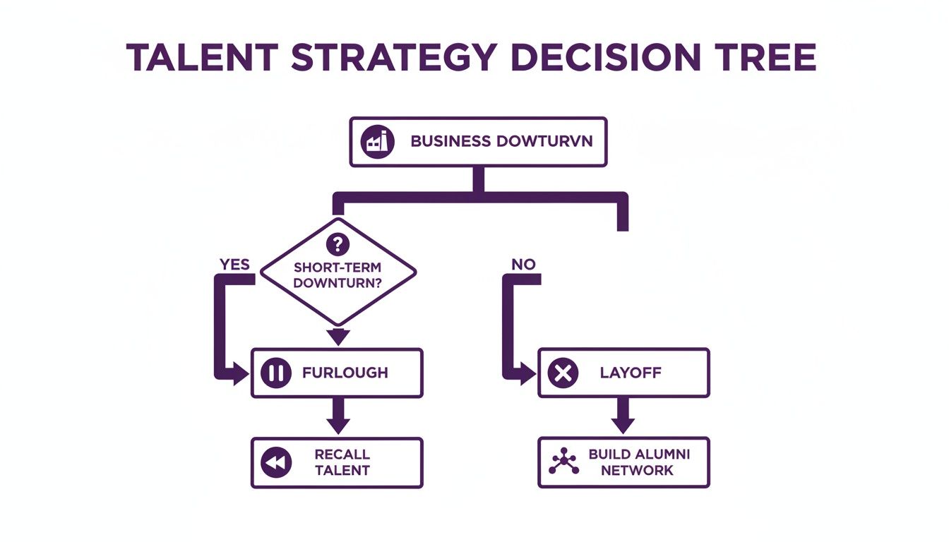 A talent strategy decision tree flowchart showing options for business downturns: furlough for short-term, layoff for long-term.