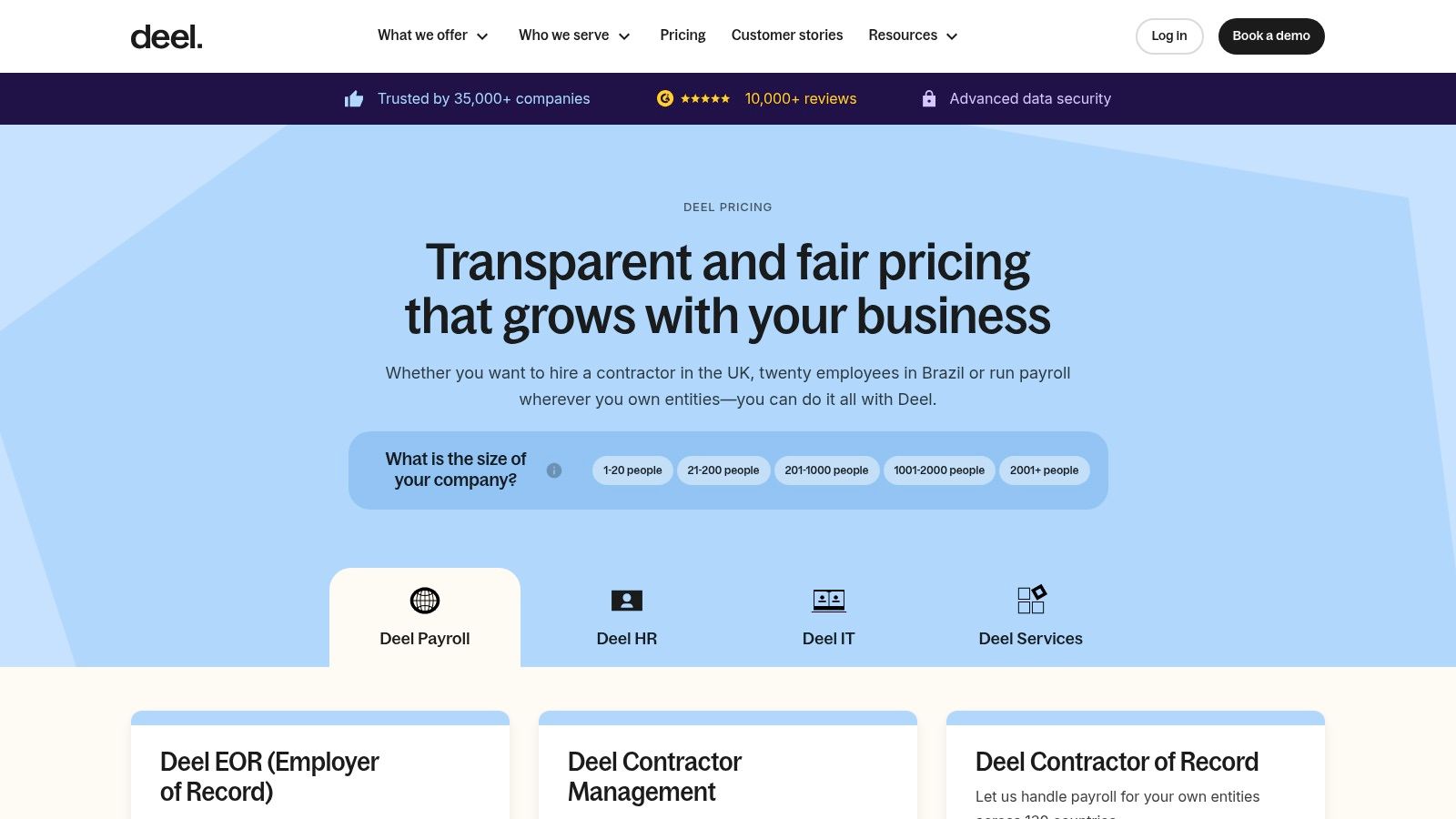 A screenshot of the Deel dashboard showing options for hiring employees or contractors globally.
