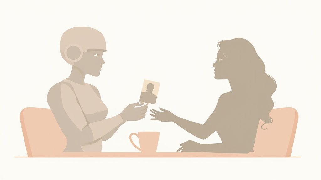 A minimalist geometric image showing a human hand guiding a compass, blending technology and human touch, on a grey background with a blue accent.