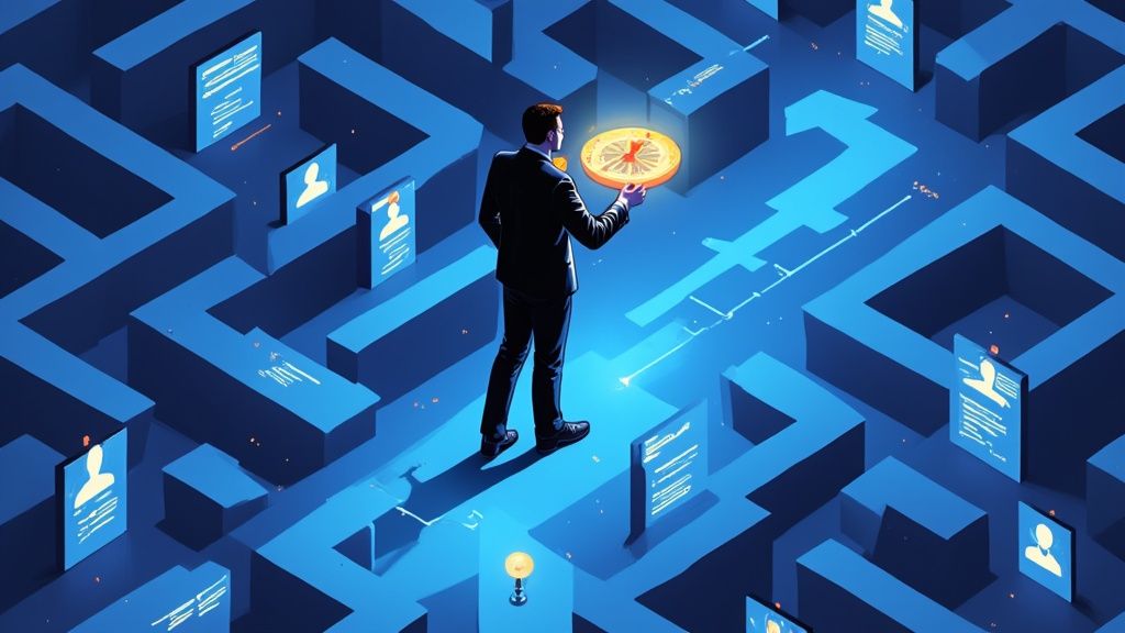 A minimalist maze with a blue line showing a direct path through it, representing using AI for recruitment.