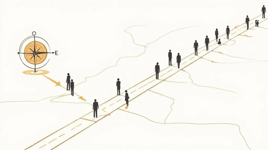 Diversity in recruiting concept represented by a compass pointing in multiple directions, with a gray base and blue accent.