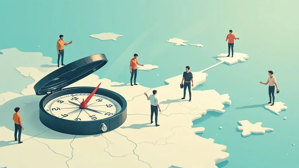 Illustration of an AI-powered compass recalibrating to show new talent directions for diversity in recruiting.