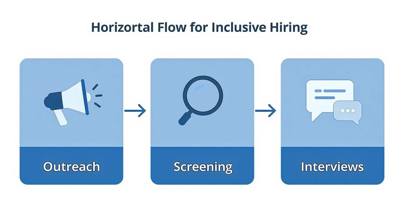 Infographic about diversity in recruiting showing a process flow for inclusive hiring, from outreach to screening to interviews.